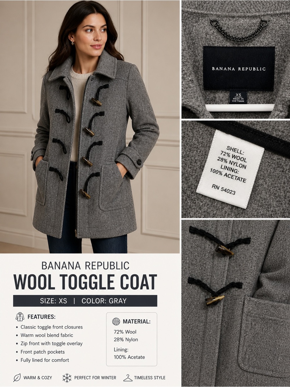 Banana Republic Gray Wool Toggle Coat size XS